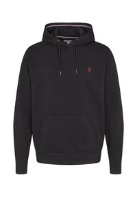 Black hoodie featuring a ribbed texture, drawstrings, kangaroo pocket, and a small red logo on the chest. Lined hood with contrasting trim.