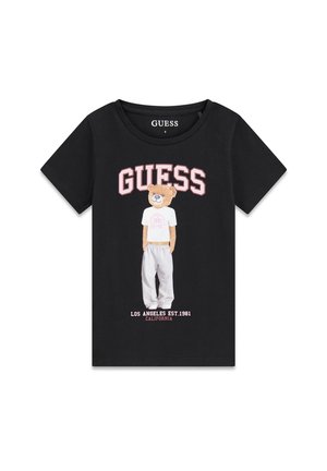Czarny t-shirt z krótkim rękawem z misiem ubranym na biało i tekstem "GUESS" u góry oraz "Los Angeles Est. 1981 California" na dole.