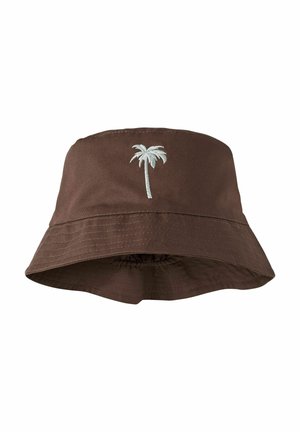 Brown bucket hat with white embroidered palm tree centered on the front, featuring stitched brim and fabric texture.