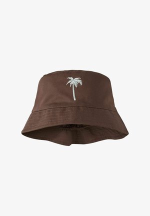 Brown bucket hat with white embroidered palm tree centered on the front, featuring stitched brim and fabric texture.