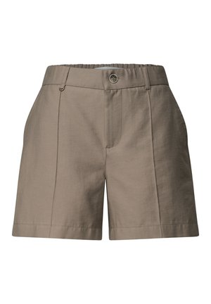 Shorts en coton beige avec fermeture par boutons, passants de ceinture et ourlets droits, présentés sur fond blanc.