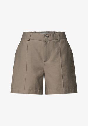 Shorts en coton beige avec fermeture par boutons, passants de ceinture et ourlets droits, présentés sur fond blanc.