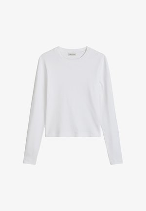 Schlichtes weißes Crop-Top mit langen Ärmeln, Rundhalsausschnitt und sichtbarem Markenlabel im Innenkragen, vor weißem Hintergrund dargestellt.