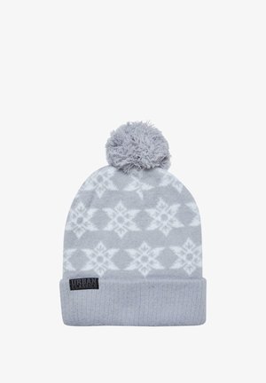 Szara dzianinowa czapka z pomponem na górze, z białym wzorem płatków śniegu i czarną metką z logo na złożonym mankiecie. Miękka tkanina.