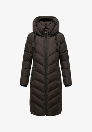 Lång pufferjacka i mörkbrun med chevronmönster. Har en huva, två sidofickor, dragkedja fram och elastiska ärmmanchetter.