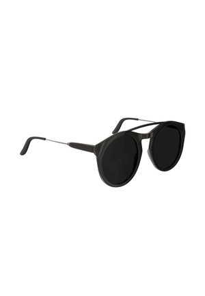 Black round sunglasses with thick plastic frames and thin metal arms on a white background.
