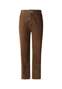 Pantalon droit en velours côtelé marron avec poches avant et fermeture par bouton, présenté sur fond blanc.