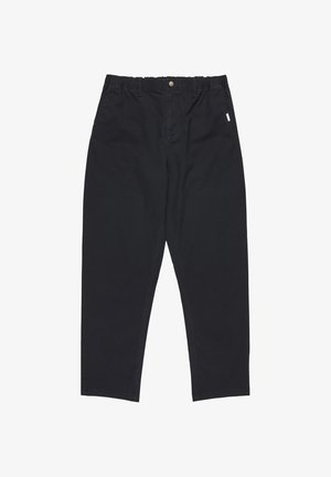 Czarne bawełniane spodnie o luźnym kroju, z zapięciem na guzik, elastycznym paskiem w talii i bocznymi kieszeniami. Gładka tekstura, minimalne oznakowanie.