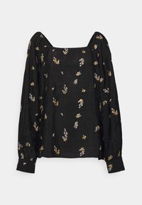Blusa preta com mangas longas, decote quadrado, bordados florais dispersos em amarelo e roxo, feita de tecido texturizado.