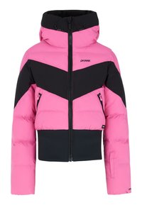 Veste rembourrée rose et noire avec un col haut, une fermeture éclair et des poches latérales. Elle présente un design en chevrons et des segments texturés matelassés.
