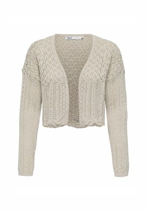 Cardigan lavorato a maglia beige con design corto, apertura frontale e maniche lunghe, caratterizzato da un motivo testurizzato e due tasche frontali.