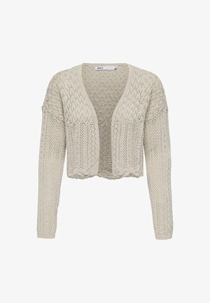 Cardigan lavorato a maglia beige con design corto, apertura frontale e maniche lunghe, caratterizzato da un motivo testurizzato e due tasche frontali.