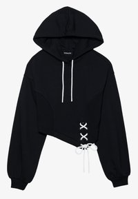 Černá zkrácená mikina s kapucí vyrobená z jemné bavlny, s předním šněrováním, bílými šňůrkami a elastickými manžetami.