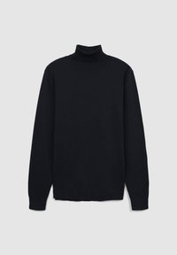 Maglione a collo alto nero realizzato in tessuto liscio, con maniche lunghe e colletto aderente. Design semplice senza motivi o accenti visibili.