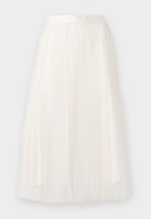 Witte tule midi-skirt met een zachte textuur en een geraffineerde tailleband, met gelaagde plooien die een vloeiende uitstraling creëren.