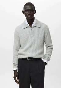 Pulover tricotat gri deschis cu dungi, cu guler cu fermoar, asortat cu pantaloni negri. Manșetele cămășii albe sunt vizibile, evidențiind un stil în straturi.