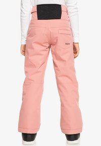 Pantalons de neige roses avec une taille élastique haute, une poche sur le côté et un accent noir à l'arrière. Le matériau est lisse et durable.