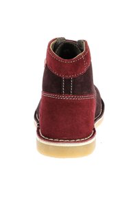 Stivaletti in camoscio di colore rosso scuro e marrone, caratterizzati da un design cucito, punta rotonda e suola in gomma. Texture morbida e finitura liscia.