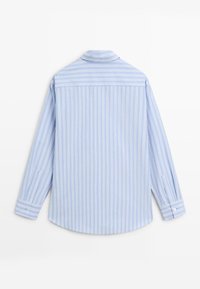 Hellblau gestreiftes Hemd mit langen Ärmeln, geknöpften Manschetten, klassischem Kragen und abgerundetem Saum. Weicher Stoff mit weißen vertikalen Streifen.
