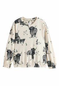 Beige langærmet skjorte med sorte illustrationer af højlandskvæg, små kaniner og blomster. Blødt stof med elastiske manchetter.