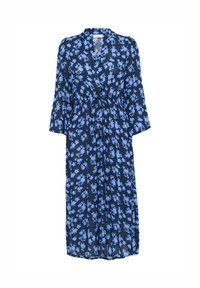 Laivansinis kukkakuosis mekko, joka on valmistettu kevyestä kankaasta. Mekossa on vyötärölle sitottava vyö, 3/4-hihat ja verkkomainen muotoilu, jossa on toistuva sininen kukkakuosi.