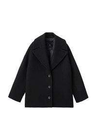 Cappotto oversize in misto lana nera con ampi rever e tre bottoni frontali, esposto su uno sfondo bianco.