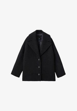 Manteau oversize en mélange de laine noir avec larges revers et trois boutons à l'avant, présenté sur un fond blanc.