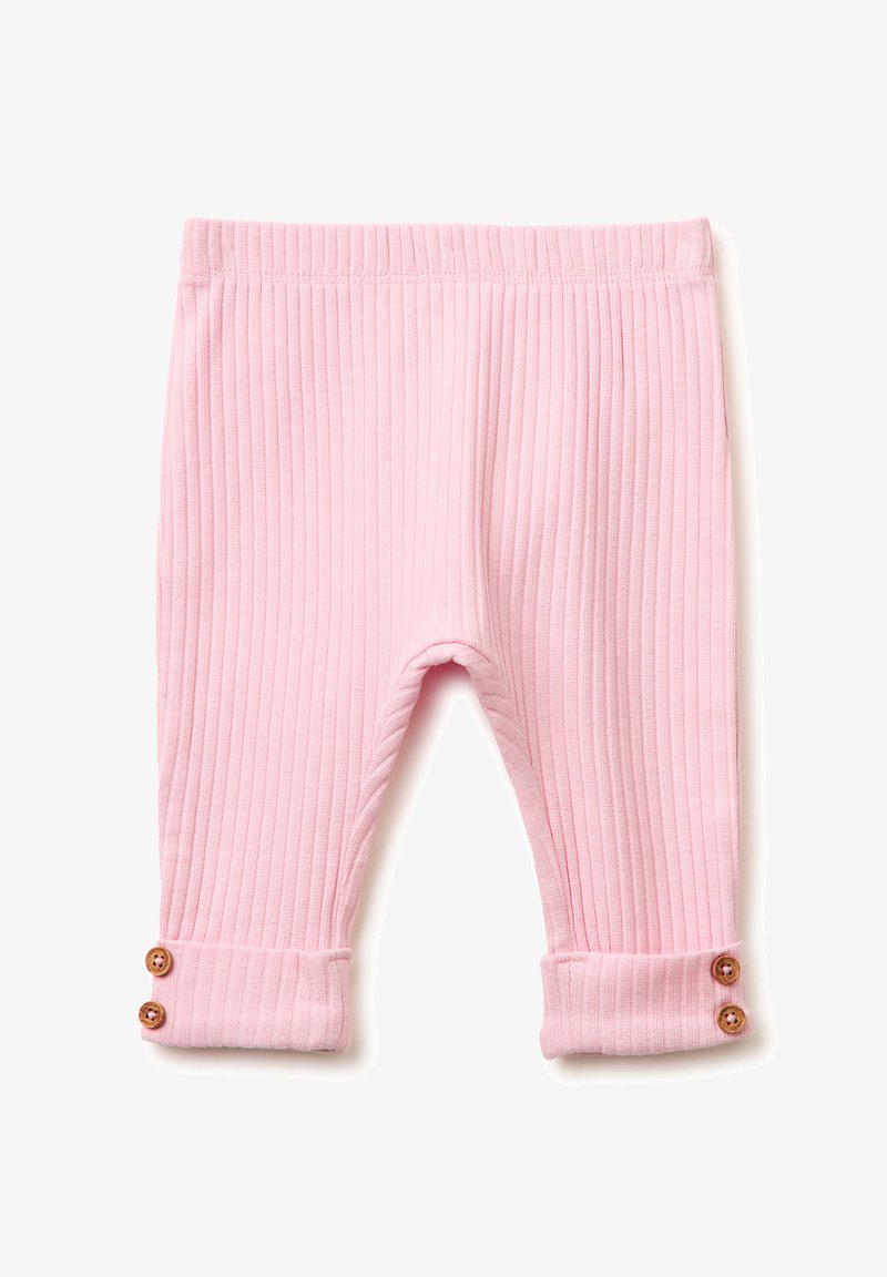 Leggings para bebé de color rosa suave con costillas, puños doblados y dos pequeños botones marrones en cada pierna.