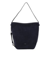 Navy suede hobo bag with a smooth texture, a rounded shape, and a single shoulder strap. Features gold-tone logo detail at the front.