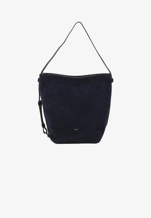 Sac hobo en daim bleu marine avec une texture lisse, une forme arrondie et une seule sangle d'épaule. Doté d'un détail logo doré à l'avant.