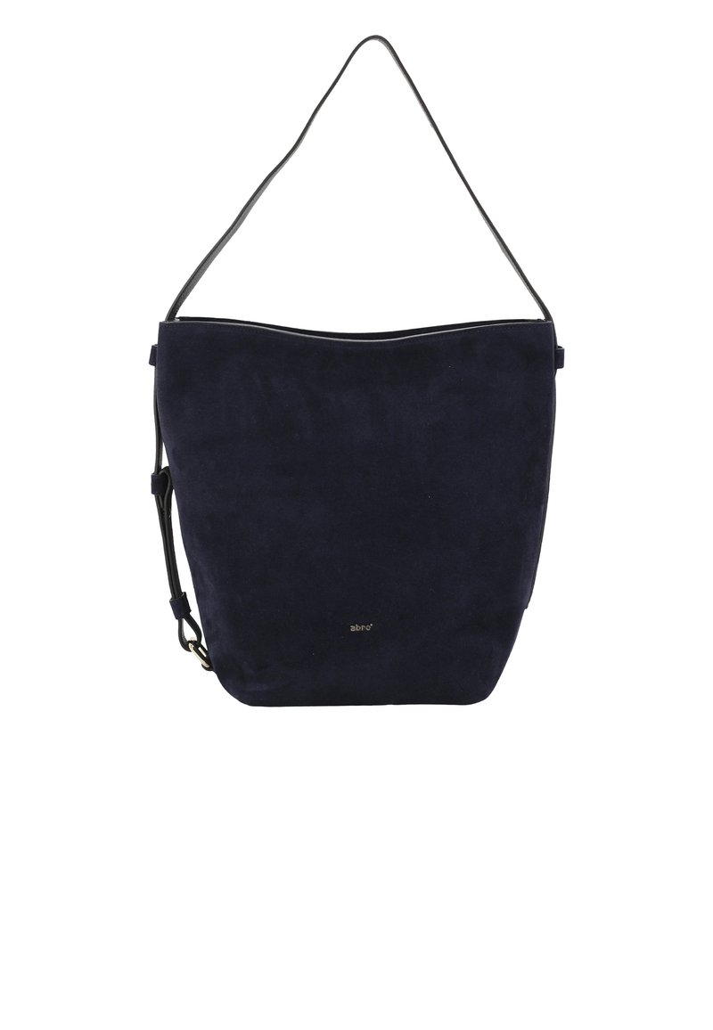Navy suede hobo bag with a smooth texture, a rounded shape, and a single shoulder strap. Features gold-tone logo detail at the front.