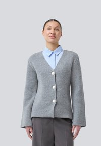 Lys grå strikket cardigan med lange ærmer og v-udskæring, der har tre hvide knapper og en glat tekstur. Bæres over en lys blå skjorte.