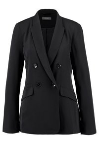 Czarna dwurzędowa marynarka z klapami, dwoma przednimi kieszeniami i gładką fakturą materiału. Posiada zdobienia w postaci guzików i dopasowany krój.
