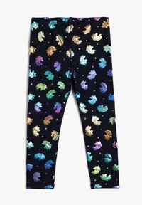 Leggings neri con motivi di unicorni e draghi multicolori e lucenti, con un motivo a glitter che si estende su tutta la superficie. Fascia elastica in vita, tessuto morbido.