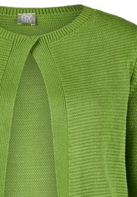Grüne Strickjacke mit rundem Halsausschnitt und offenem Vorderteil, die detaillierte Ripp- und Strukturstrickmuster zeigt.