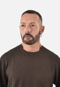 Maglione marrone con motivo a fantasia, scollo rotondo, design a maglia lavorata a rilievo e polsini a coste. Il modello ha un taglio di capelli corto e un orecchino.
