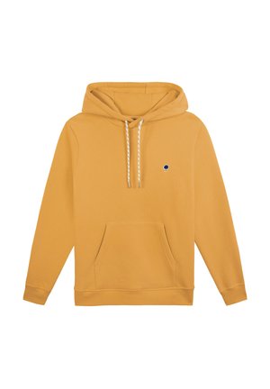 Mustard yellow hoodie with a front pocket, drawstring hood, and small blue tree logo. Made from soft fabric, features ribbed cuffs and hem.