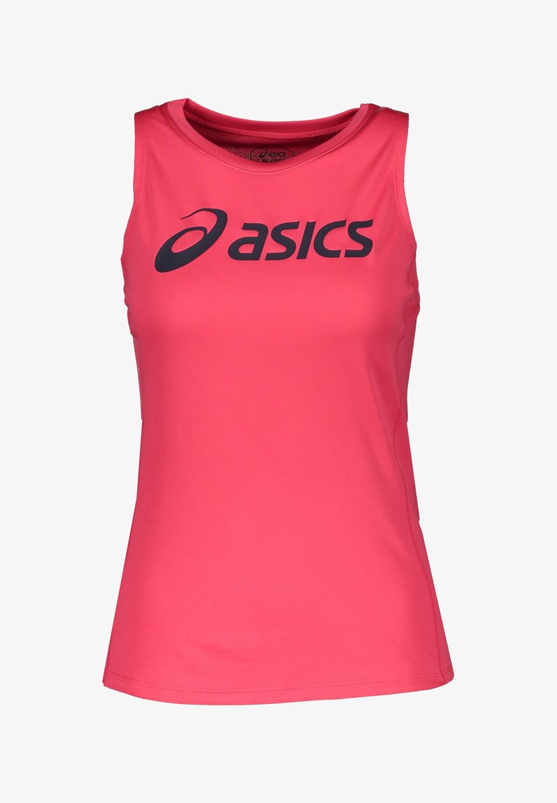 Vaaleanpunainen urheilu-toppi, jossa on pyöreä pääntie, ja etupuolella on rohkea musta "asics"-logo. Valmistettu sileästä ja hengittävästä kankaasta.