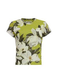 Grøn floral t-shirt med et magnolia-tryk i hvid og mørkegrøn, kortærmet og rund halsudskæring. Glat stofstruktur.