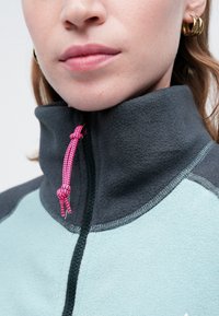 Fleece jakna z visokim ovratnikom. Temno siva in svetlo mint zelena panela, z črnim zadrgo in roza vrvico. Teksturirana tkanina.