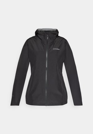 Schwarze wasserdichte Jacke mit Kapuze, voller Reißverschluss und grauem Innenfutter. Verfügt über ein Logo auf der Brust und elastische Bündchen.