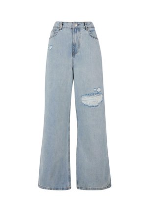 Jeans širokih nogavic iz svetlega jeansa, ki imajo visok pas, poškodovane dele in surov rob. Mehka tekstura z ohlapnim krojem.