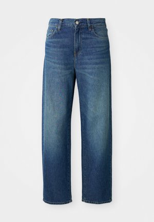 Jean en denim bleu, design à jambes larges, taille mi-haute, décoloration subtile, style cinq poches, avec fermeture à bouton et à glissière, ourlet droit.