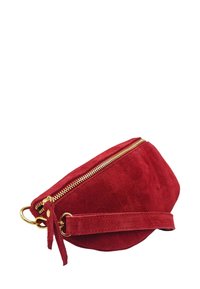 Sac en suède rouge avec une forme incurvée, fermeture éclair dorée et un gland décoratif. Dispose d'une boucle pour l'attacher à d'autres objets.