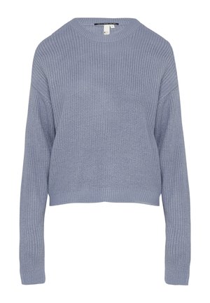 Lichtblauwe gebreide trui met een ronde hals, lange drop sleeves en een cropped zoom. Kenmerkt zich door een structuurpatroon over het hele oppervlak.