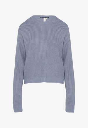 Vaaleansininen neulottu villapaita, jossa on pyöreä kaula-aukko, pitkät löysät hihat ja lyhennetty helma. Paita sisältää tekstuuripatternin koko ympäri.