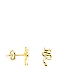 Guld-tonade stickörhängen med en modern vågdesign. Ena örhänget har en strömmande form, medan det andra liknar en ormkontur.