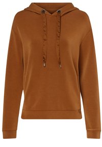 Bruine hoodie van zacht materiaal, met een kangoeroezak, verstelbare trekkoord en zilverkleurige hardware. Relaxte pasvorm met geribbelde manchetten.