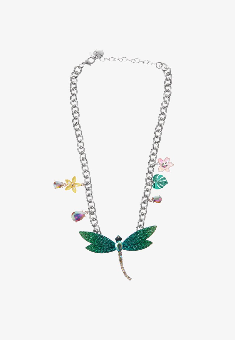 Silver chain necklace with a green glitter dragonfly pendant, accented by pink and yellow floral elements and colorful gem-like drops.