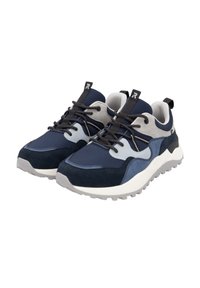 Marineblaue Sportschuhe mit Obermaterial aus Wildleder und Synthetik, grauen Akzenten, dickem weißen Zwischensohlensystem und robustem grauen Außensohle. Schnürdesign mit Schlaufen.